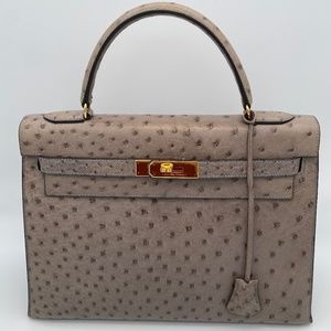 Vintage HERMES Kelly 32 Gray Ostrich Gold HWR GHW